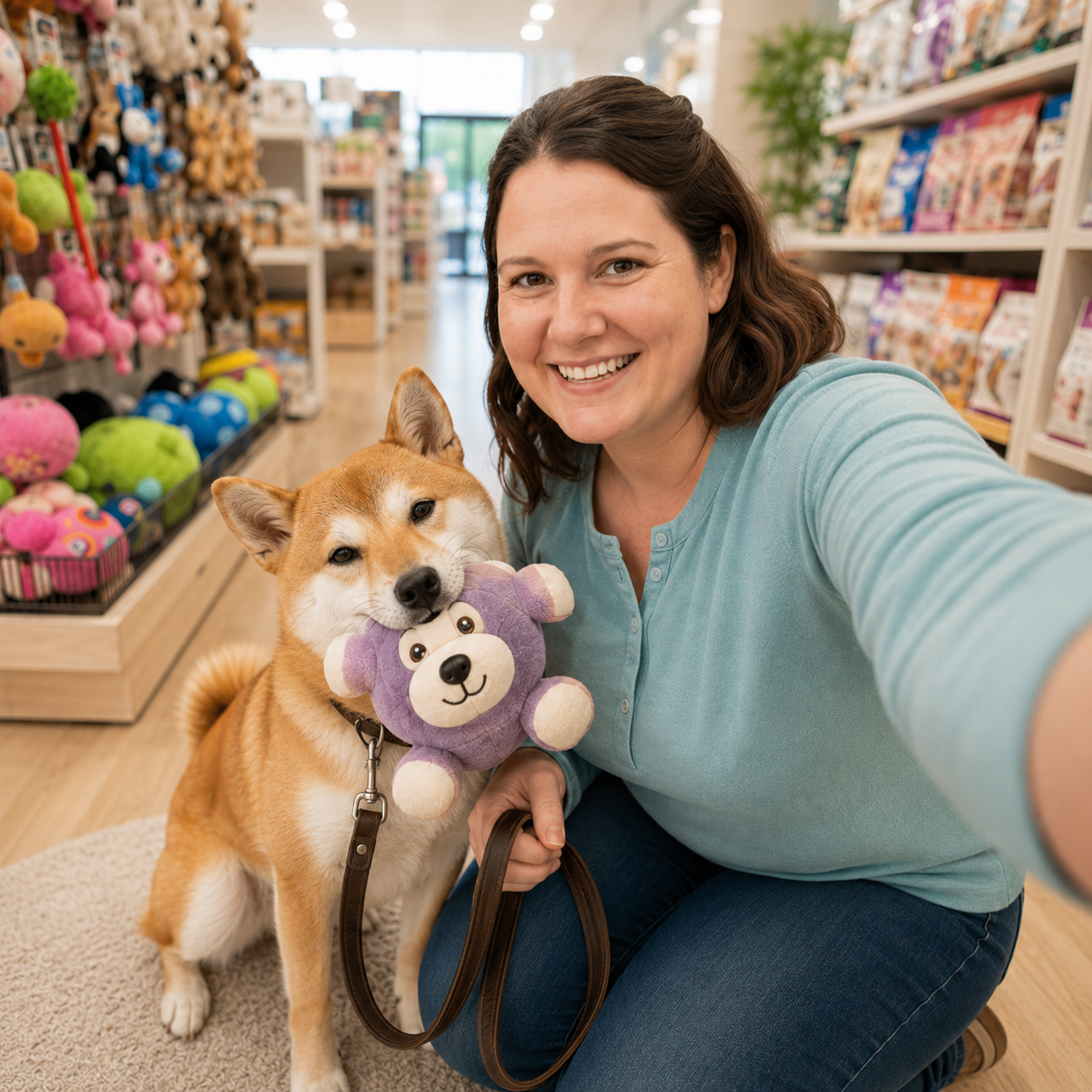 A woman taking a selfie with her Shiba Inu in a pet store, with the dog holding a stuffed toy.